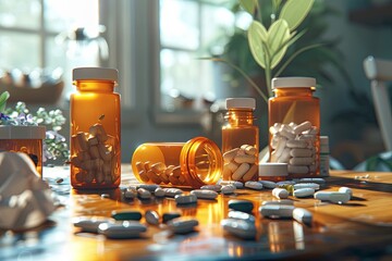 Aufkleber - A close-up image of multiple prescription pill bottles with their caps open, revealing the pills inside. Several pills are scattered around the bottles on a wooden table. Generative AI