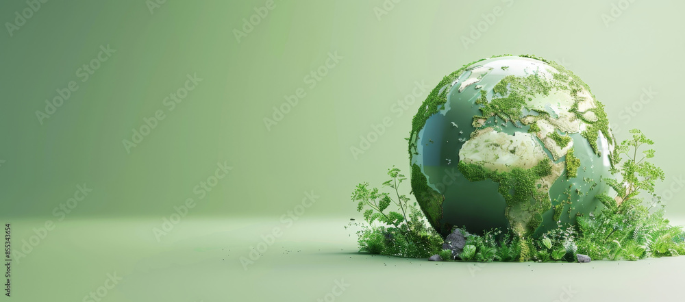 3D rendering of an earth globe with a forest and grass on a light green ...