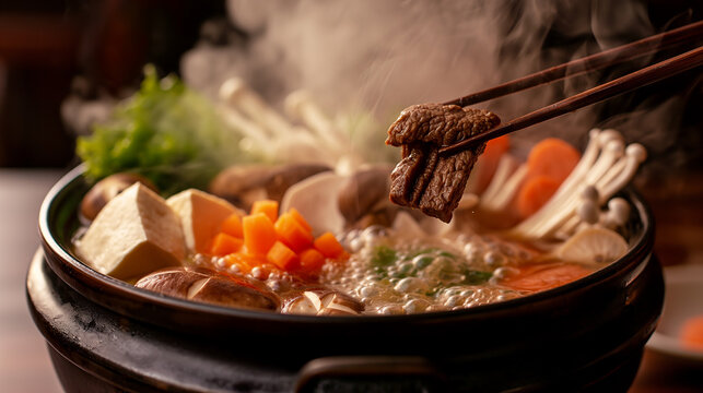Chopsticks holding slice of beef over steaming hot pot with vegetables and tofu