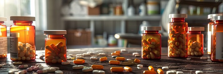 Leinwandbilder - Several prescription pill bottles, with their caps open, lay on a wooden table. Pills are scattered around the bottles, suggesting a possible home or pharmacy setting. Generative AI