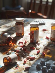 Fototapete - An image of a table with multiple prescription pill bottles, some with their caps open. Various pills are scattered around, creating a scene of disarray. Generative AI
