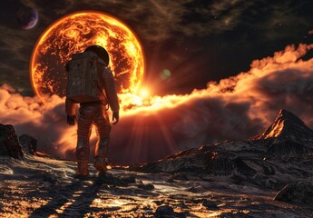 Wall Mural - Lone Astronaut on the Martian Surface with Red Sun and Rocks in the Background during Sunset