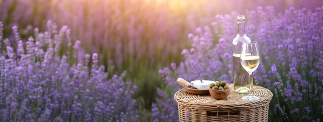 Wall Mural - Picnic at sunset in the lavender field. White wine and cheese.