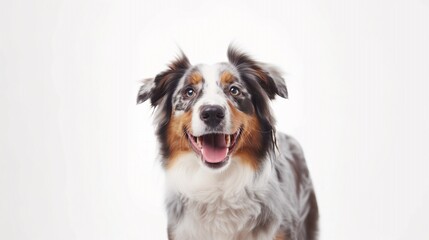 Wall Mural - Portrait of a happy cute young Australian shepherd dog puppy isolated on white background, for funny animal portrait, happy smiling dog pet product, dog product display, furry friends, card decoration