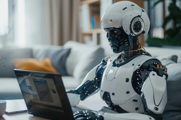 Canvas Print - advanced xai humanoid robot using laptop for global network connection harnessing artificial intelligence and machine learning 3d illustration