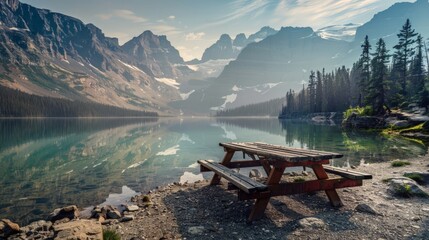 Wall Mural - Serene Lake View: A Tranquil Hiking Spot with Bench in Front, Mountain Range in Background and Clear Sky Above.