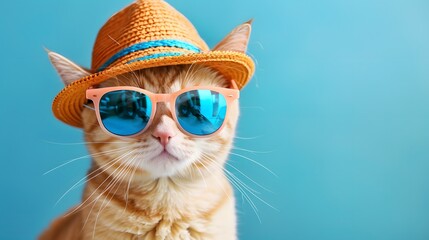 Wall Mural - Happy smile kitty Cat wear sunglasses with summer season costume isolated on background, pets summer, lovely cat, holiday vacation.