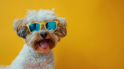 Wall Mural - Happy smile Puppy dog wear sunglasses with summer season costume isolated on background, pets summer, lovely dog, holiday vacation.