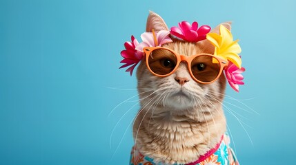 Wall Mural - Happy smile kitty Cat wear sunglasses with summer season costume isolated on background, pets summer, lovely cat, holiday vacation.