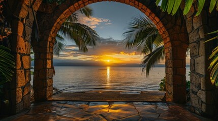 Wall Mural - Idyllic Tropical Sunset: Overlooking a Tranquil Ocean from an Archway