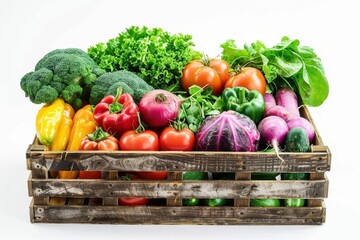 Wall Mural - colorful pile of fresh vegetables in wooden crate healthy organic food concept isolated on white background