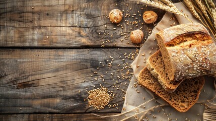 Wall Mural - Whole wheat bread on a wood backdrop Organic goods Cuisine