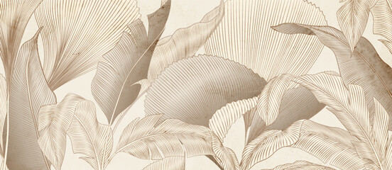 Wall Mural - abstract botanical art background with tropical leaves in line style in brown and beige colors. luxu