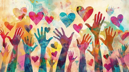 Vibrant Community Poster: Colorful Hands Holding Hearts, Encouraging Unity and Positivity