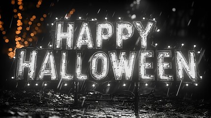 Wall Mural - “HAPPY HALLOWEEN” sign - spooky - scary - holiday decorations - black and white photo - horror movie - retro feel - vintage look 