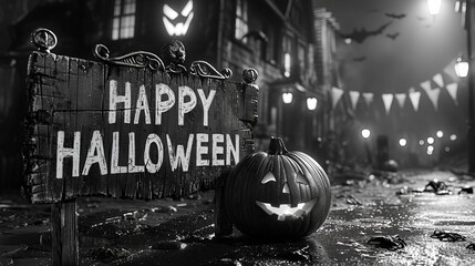 Wall Mural - “HAPPY HALLOWEEN” sign - spooky - scary - holiday decorations - black and white photo - horror movie - retro feel - vintage look 