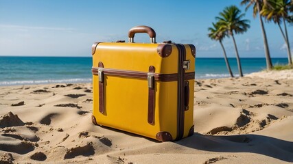 Wall Mural - Yellow suitcase in the sand and sea of beautiful tropical beach with blue clear sky in the background. Ai Generative.