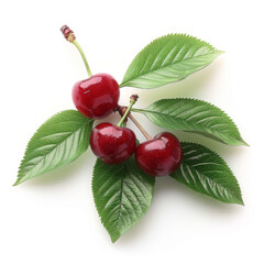 Sticker - Bright red cherries with green leaves, captured in high resolution, perfect for food photography, health, and nutrition themes.