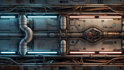 Canvas Print - A close-up of a futuristic industrial panel with intricate wiring and pipes, illuminated by blue and red lights