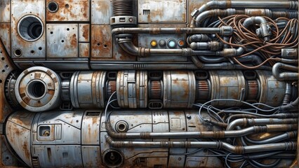 Poster - A close-up of a rusty metallic panel with pipes and wires