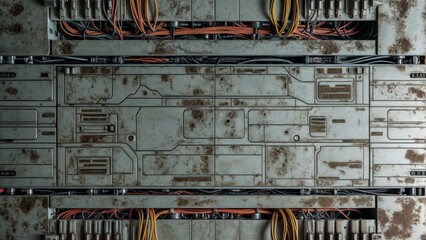 Sticker - A close-up view of a weathered metal panel with numerous wires and connectors