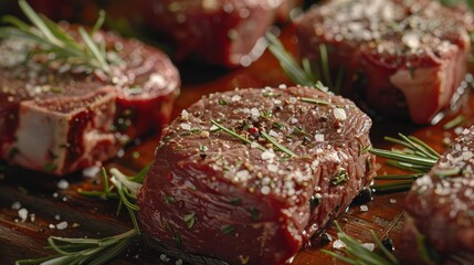 Close-up of raw beef steaks on a wooden board, seasoned with salt, pepper, and rosemary