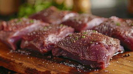 Wall Mural - Close-up of raw ostrich fillets on a wooden board, ready to be seasoned and cooked