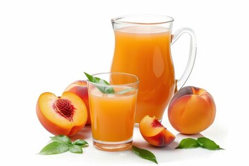 Wall Mural - refreshing peach juice in jug and glass freshly made fruity beverage isolated on white background