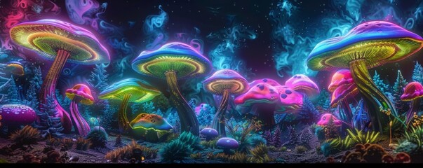 Wall Mural - Vivid Underwater Coral Reef with Colorful Fluorescent Fish and Spectacular Light Effects, Illustrated in a Stylized 3D Artwork