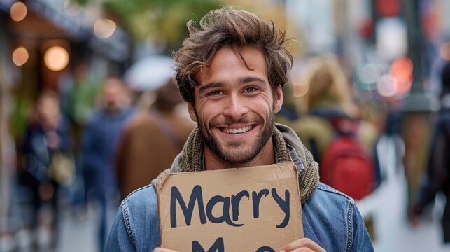 Good looking smiling young man holding a sign with Marry Me text outdoors. Proposal and happy marriage concept