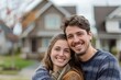 © Skyfe - Happy Couple Smiling in Front of New Home, Real Estate and Family Concept