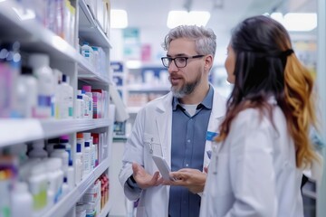 Sticker - young pharmaceutical sales representative explaining product to doctor in hospital