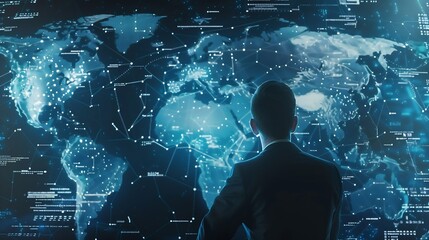 Leinwandbilder - Tech driven Global Business Businessman embraces technology as he analyzes big data for business intelligence composition of world map digital links emphasizes interconnectedness of gl : Generative AI