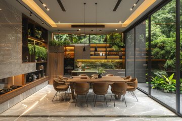 Wall Mural - Green Dining Room with Brown Chairs