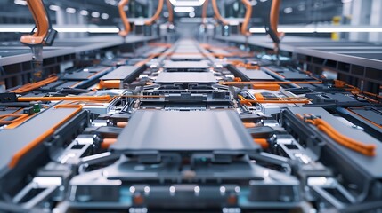 Aufkleber - Modern EV Factory On Automated Production Line Robot Arms Transporting Automotive Battery Modules onto Conveyor Belt Electric Car Battery Pack Manufacturing Process : Generative AI