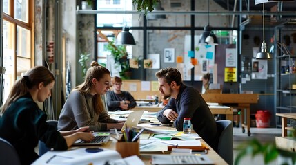 Fototapete - Work office and business people with coworker for consult or question in company with technology Employee discussion and creative job with designer in studio with support in the Nether : Generative AI