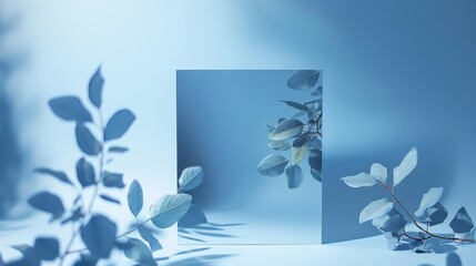 Wall Mural - A minimalist scene featuring a mirror reflecting leaves, set against a blue light background, creating a serene atmosphere.