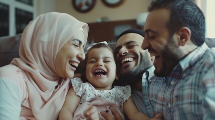 Wall Mural - Middle Eastern Parents Having Fun With Their Little Daughter At Home Arabic Mom And Dad Tickling Female Kid And Laughing Together In Living Room Enjoying Domestic Leisure Copy Space : Generative AI