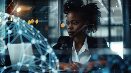 Fototapete - Black woman working in office and communication network concept ICT Information Communication Technology Cloud computing System engineering : Generative AI