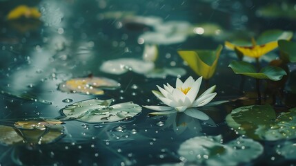 closeup of a beautiful water liliy plant underwater in a pond on a rainy summer day nature scene background concept with copy space for spa garden and relaxation : Generative AI