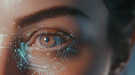 Leinwandbilder - Facial and iris recognition technology Woman with digital biometric scan on eye closeup : Generative AI