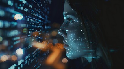 Aufkleber - Computer code hologram and woman thinking of data analytics information technology or software overlay at night Laptop solution and IT people with algorithm statistics and cybersecurit : Generative AI