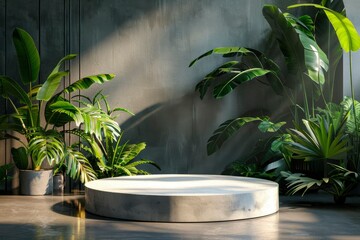 Sticker - Studio podium backdrop for product display, Blank showcase mockup with natural elements, Cosmetics or beauty product promotion mockup, Pedestal with plants, Cinematic lighting - generative ai