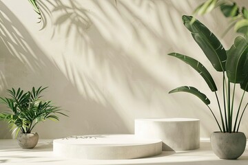 Sticker - Studio podium backdrop for product display, Blank showcase mockup with natural elements, Cosmetics or beauty product promotion mockup, Pedestal with plants, Cinematic lighting - generative ai