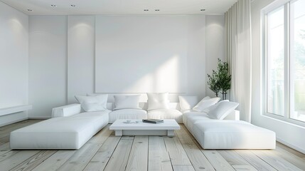 Wall Mural - Clean and spacious interior with minimalist sofa furniture, perfect for contemporary living space inspirations.