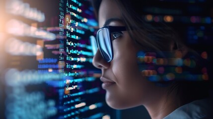 Fototapete - Software coding hologram and woman in data analytics information technology and gdpr overlay Programmer or IT person in glasses reading script programming and cybersecurity research on : Generative AI