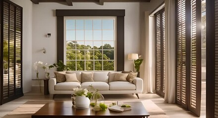 Wall Mural - Living room with plantation shutters and outdoor view 4k