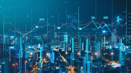 Leinwandbilder - Big data chart on city backdropTrade technology and investment analysisBusiness development financial plan and strategy : Generative AI