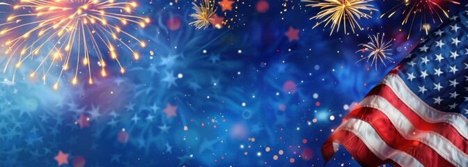 Wall Mural - American flag with fireworks on blue background banner design, USA national day celebration concept Generative AI
