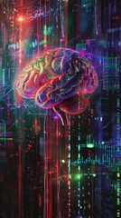 Wall Mural - Futuristic digital brain with neon lights and technological background
